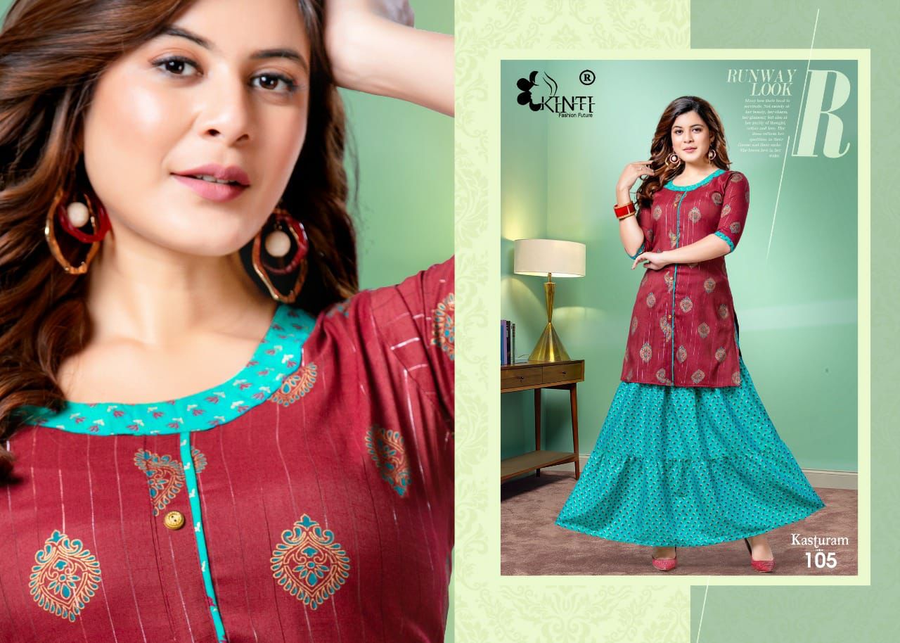 Kinti Kasturam Fancy Ethnic Wear Rayon Printed Top With Skirt Collection